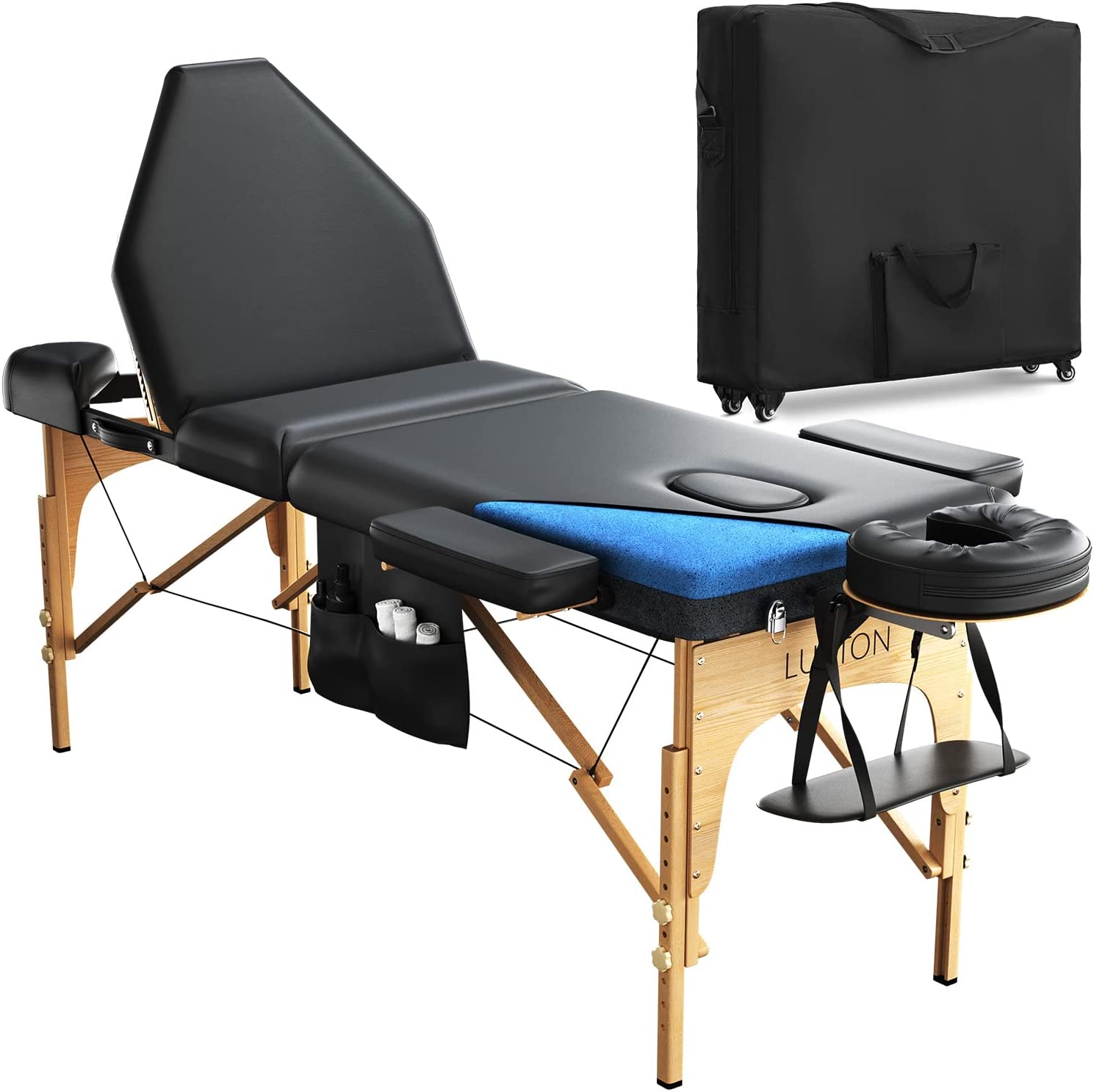 251101102109123_1 Luxton Home 3-Section Premium Memory Foam Massage Table with Rolling Carrying Travel Case - Easy Set Up - Foldable & Portable - Adjustable Height, Head Cradle, Hanging Arm Rest, & Side Storage Pocket - Image 1